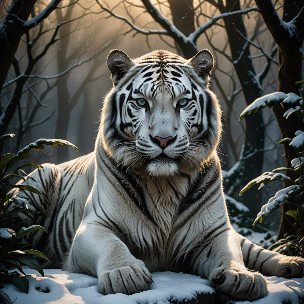 Triumphant White Tiger Dominates Dark Landscape in Photoreal...