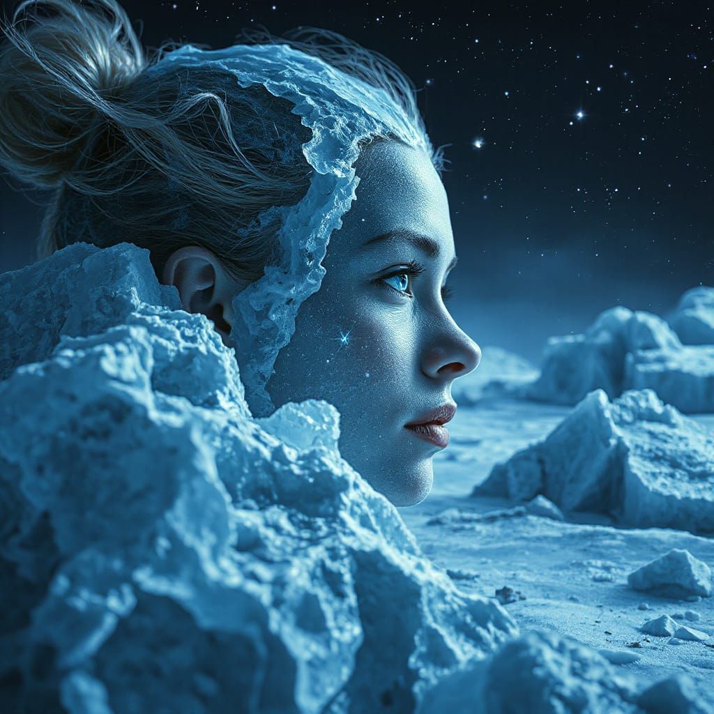 Ethereal Ice Goddess in a Starlit Gothic Landscape