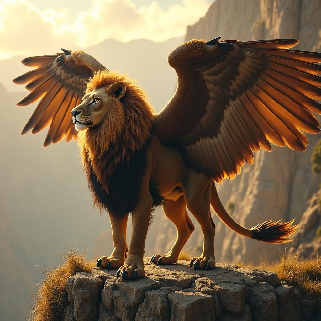 Golden Griffin on Cliff Edge in Warm Sunlight