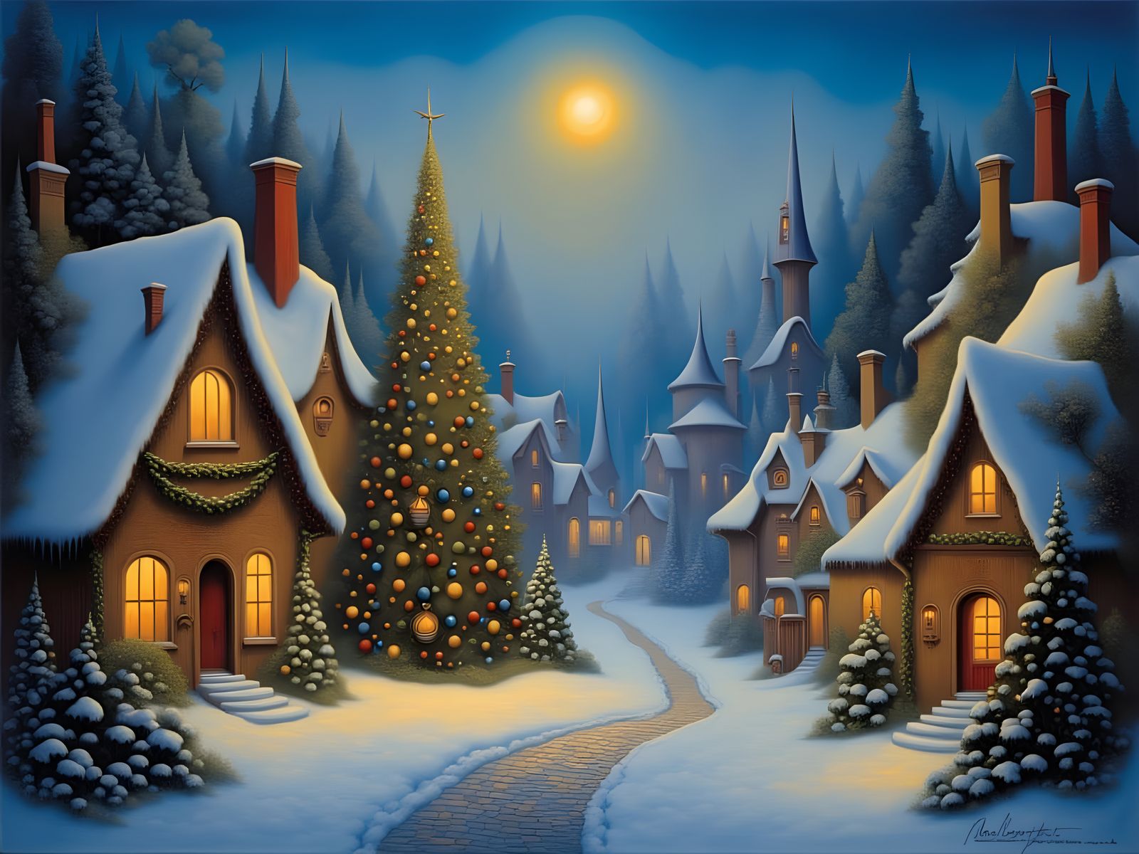 Whimsical Christmas Scene in a Vibrant Fantasy Garden