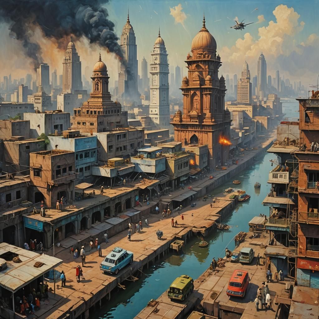 Sci-Fi Bollywood Poster: Mumbai 2024, Oil Painting