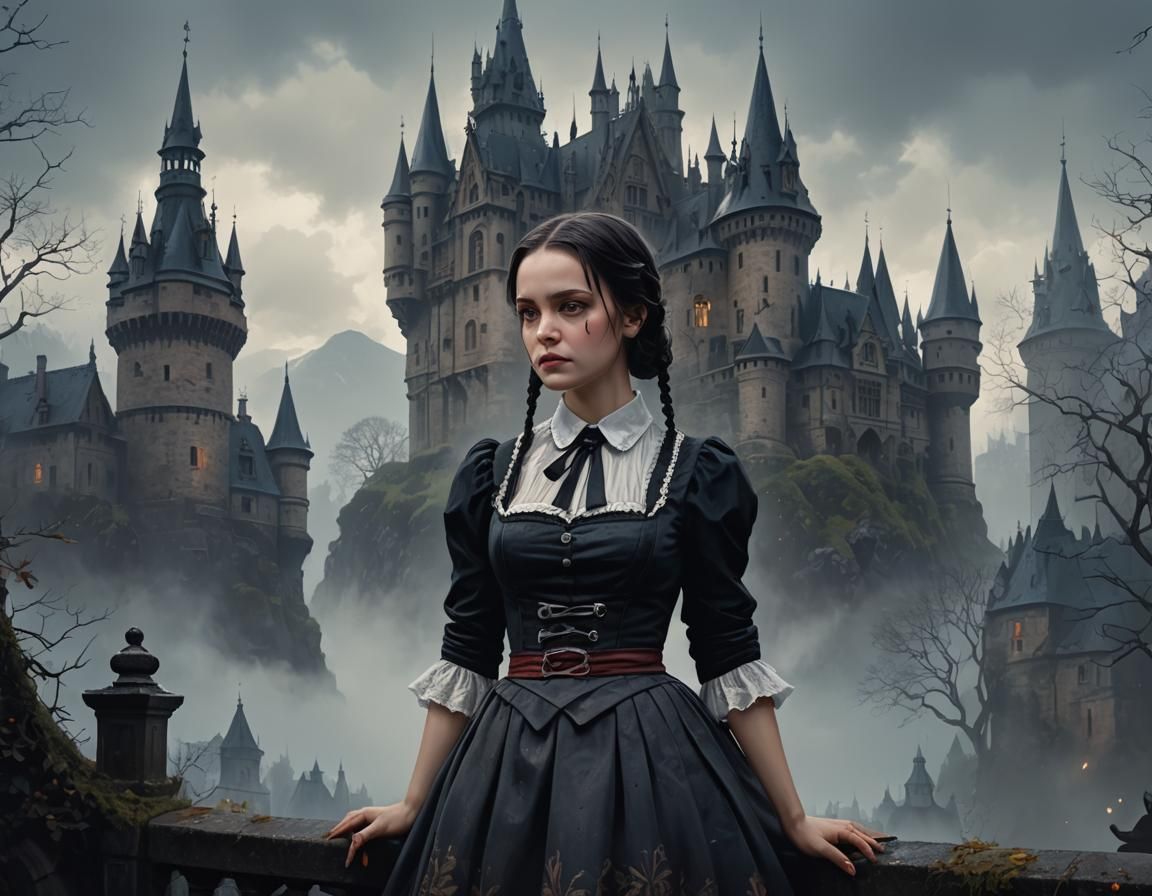 Wednesday Addams in Dirndl at Gothic Castle