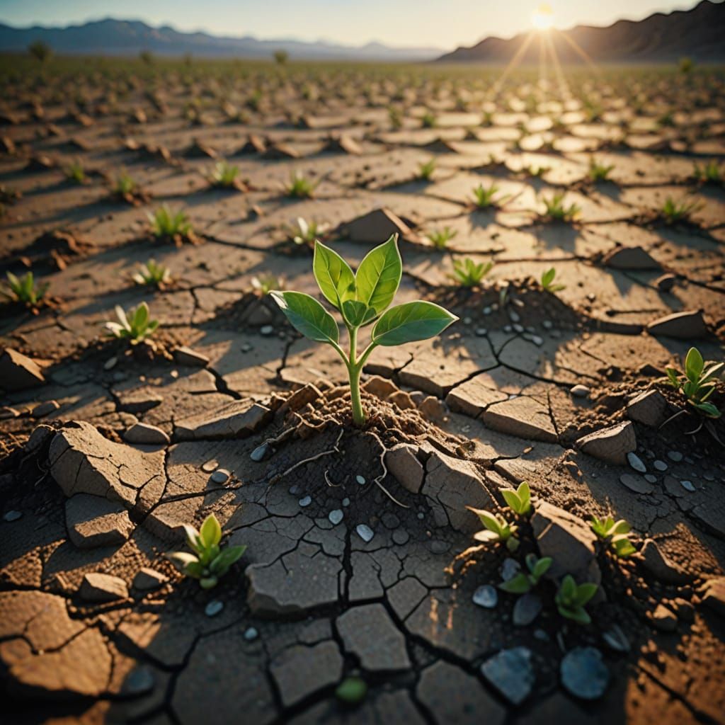 Vibrant Seedling Emerges from Cracked Desert Earth