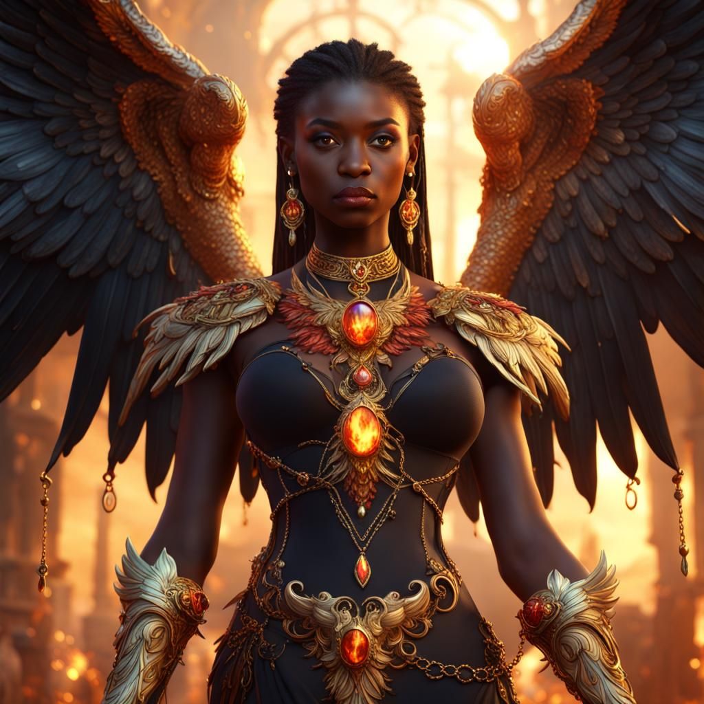 Fiery Seraph with Gold Jewelry in Detailed Matte Painting