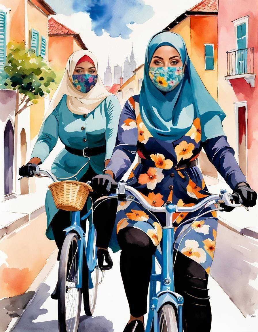 Vibrant Portraits of Two Friends Riding Bicycles in a Colorf...