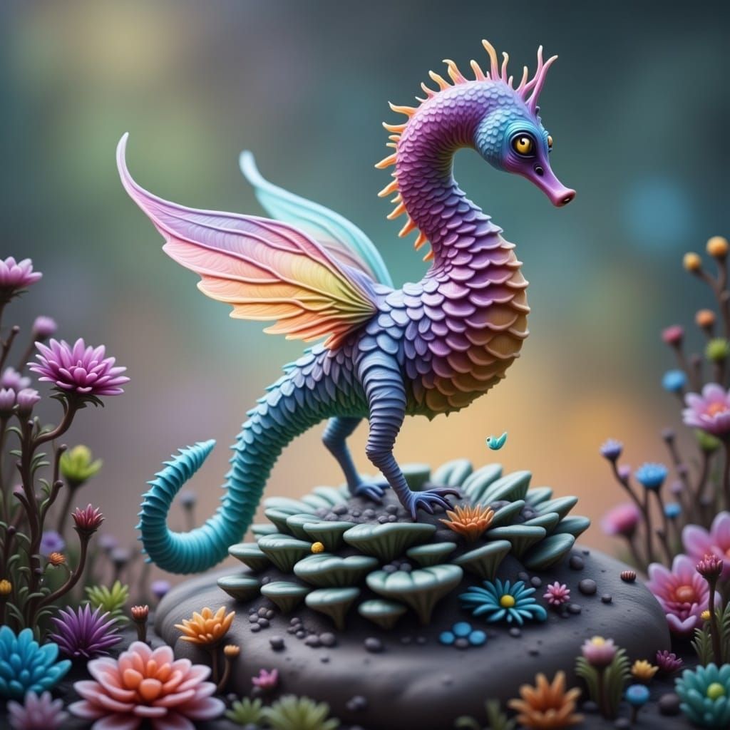 Vibrant Iridescent Seahorse Soars Amidst Whimsical Flowers