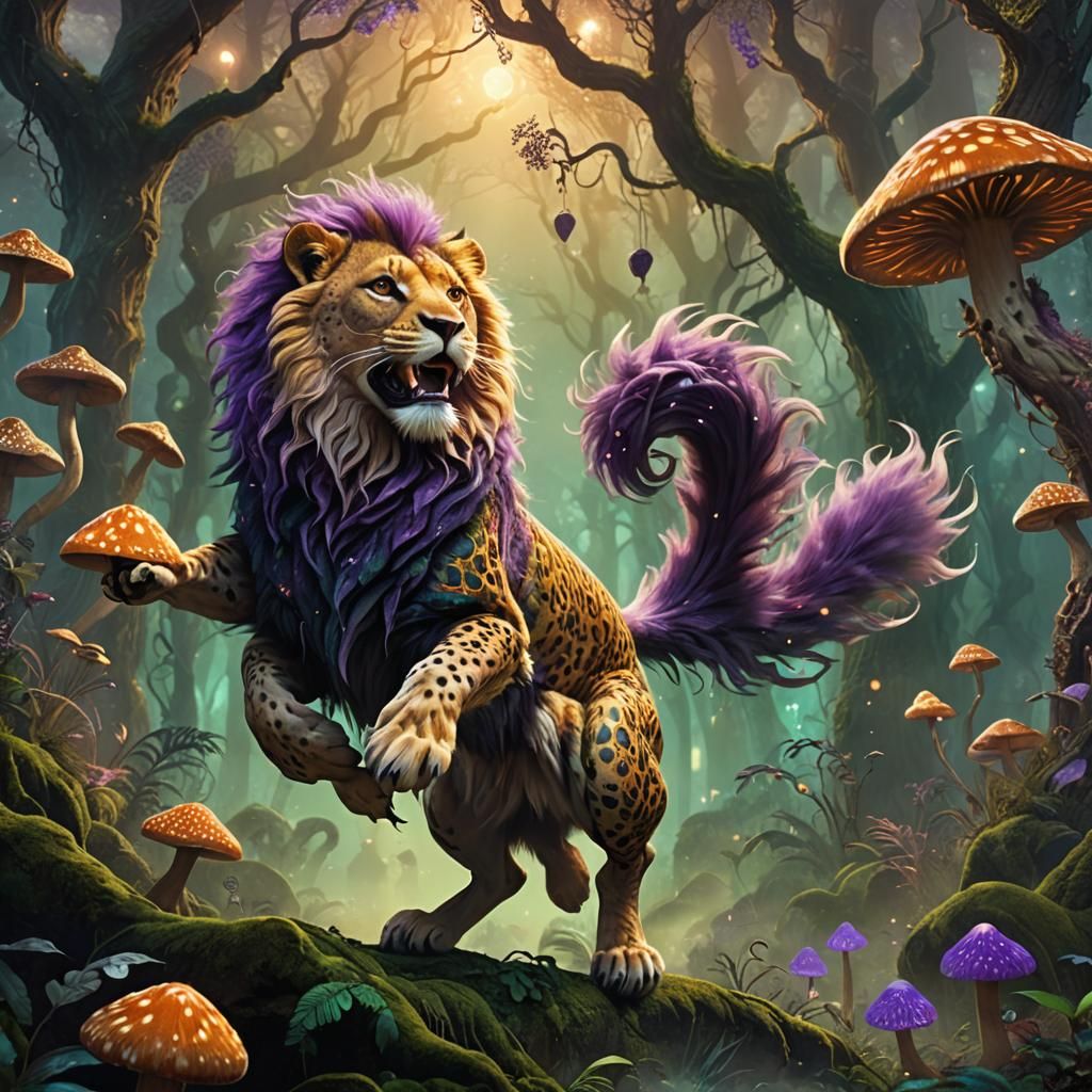 Lion-Squirrel-Cheetah Hybrid in Mystical Forest