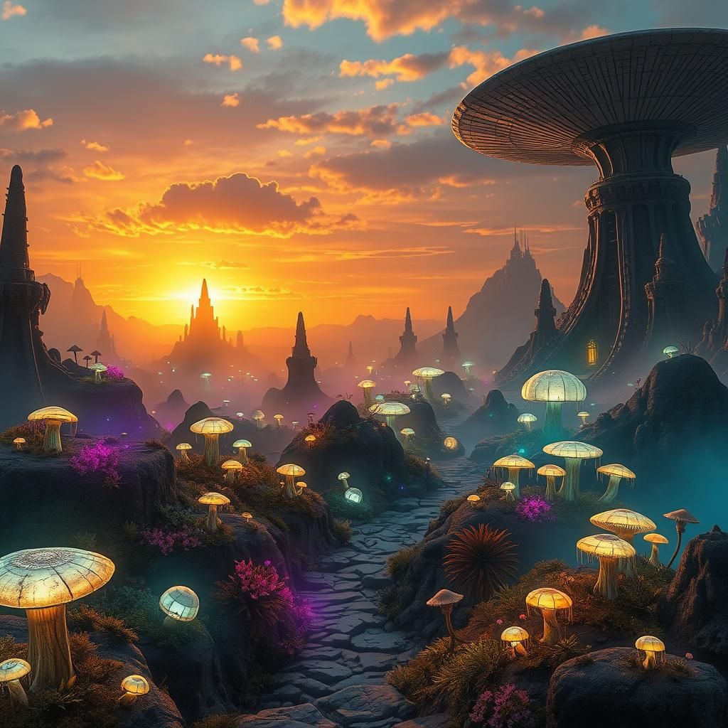 Luminescent Alien Landscape with Bioluminescent Plants in Ma...