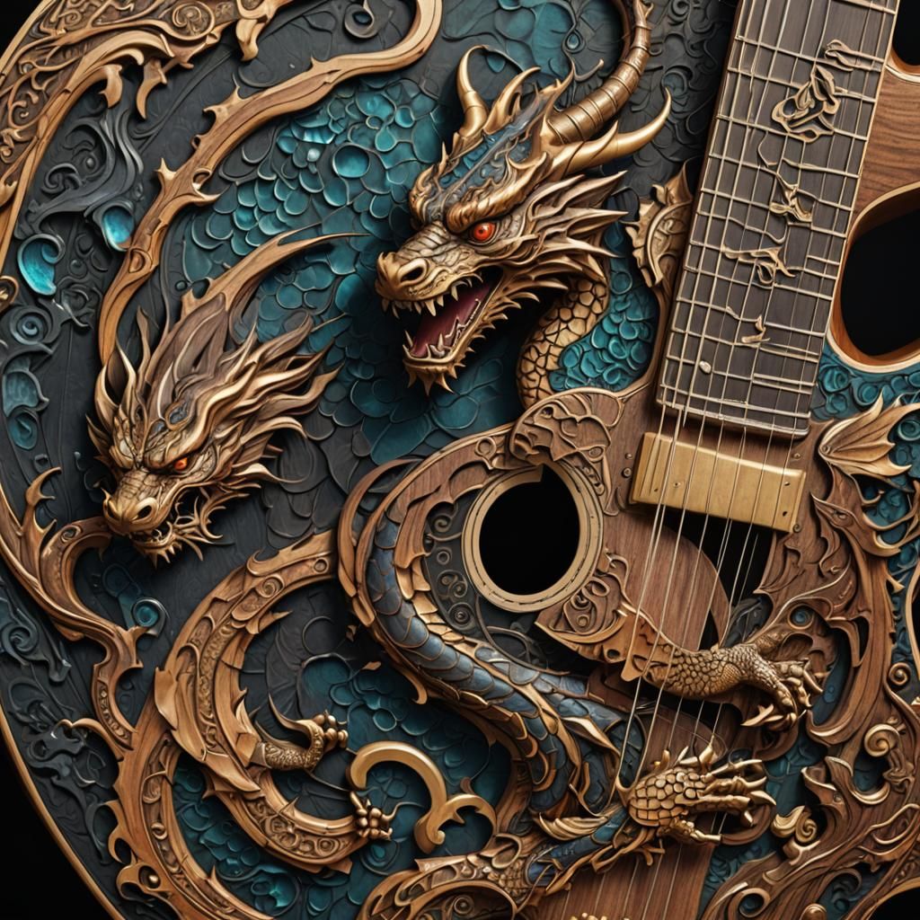 Dragon Inlay Guitar Close-up: Fantasy Concept Art