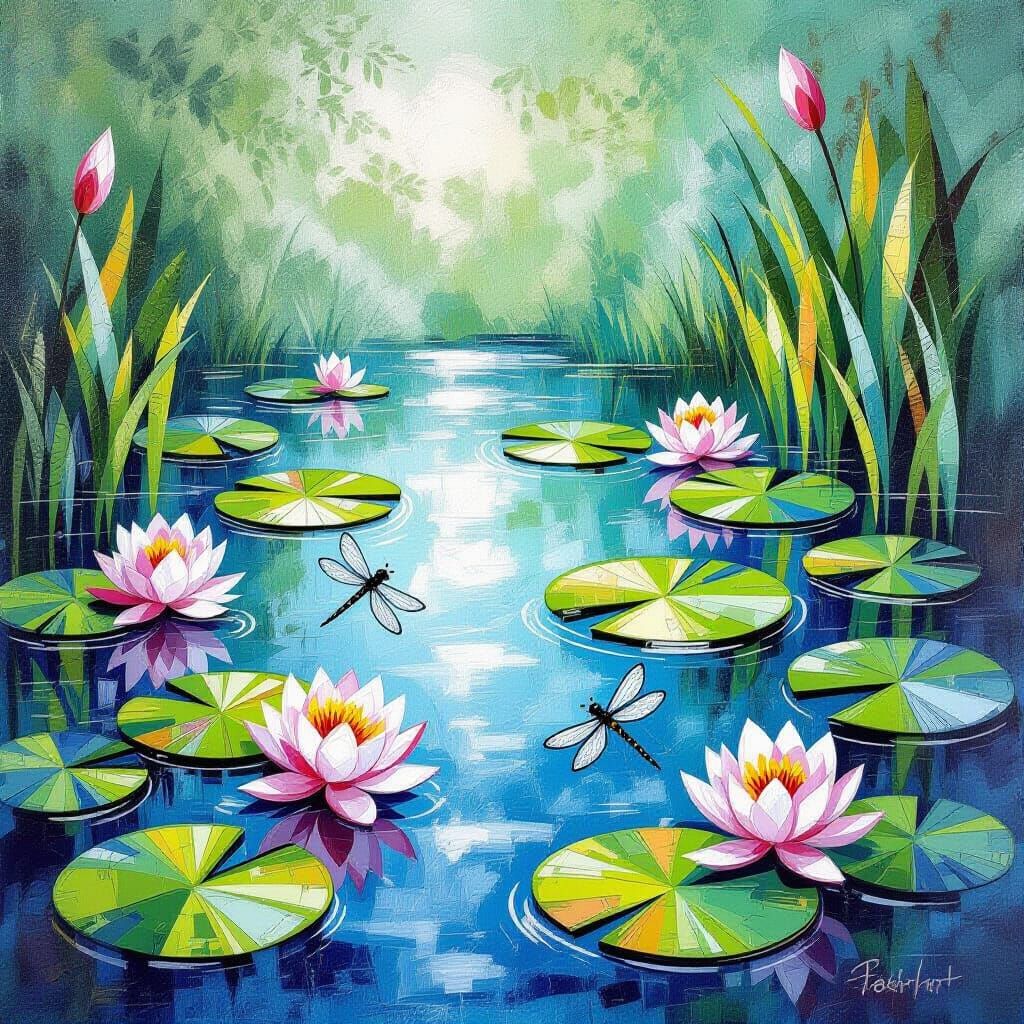 Batik Style Pond Scene with Lily Pads and Dragonflies