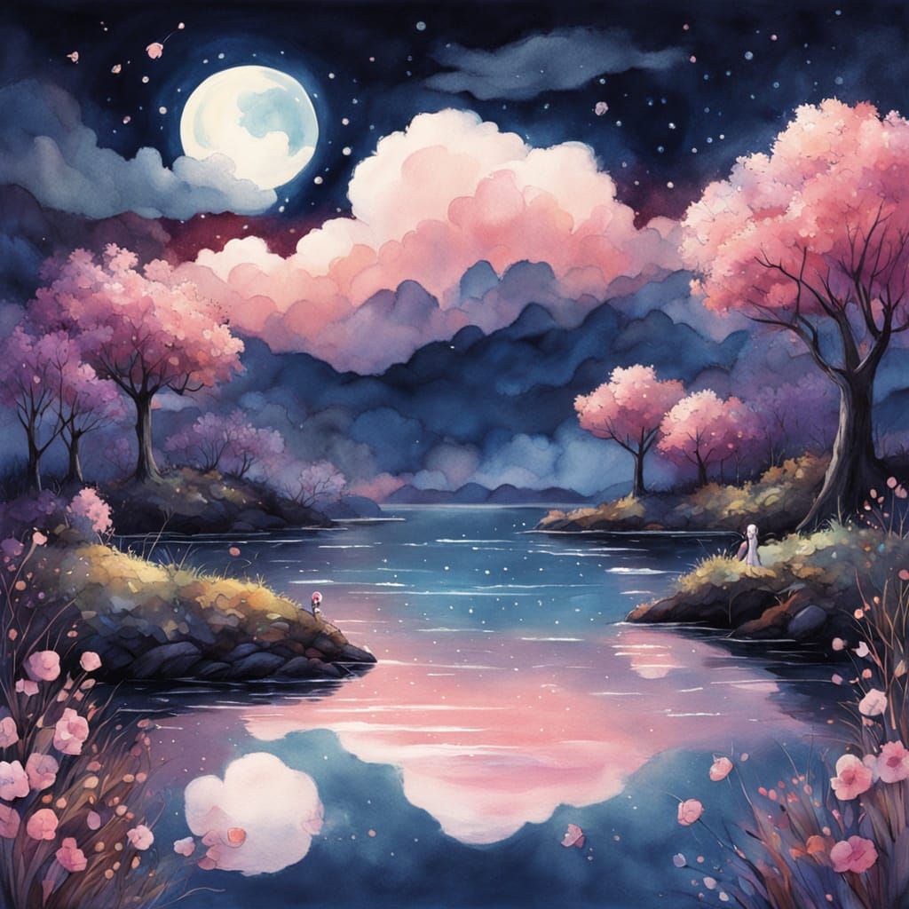 Kawaii art. A cloud character with pink cheeks and tiny accessories, floating in a dreamy twilight nighttime harbor, gat...