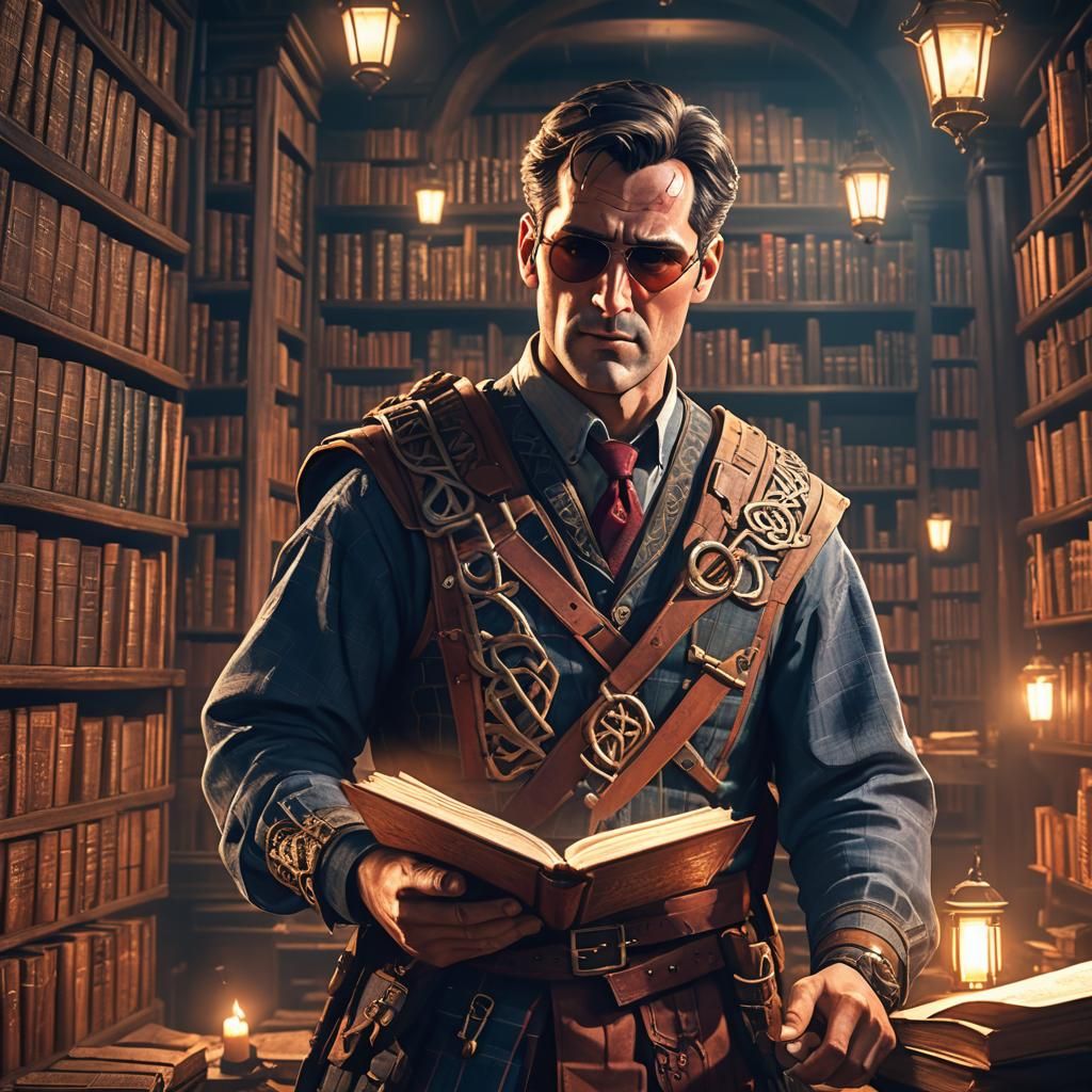 Ash Williams in Kilt: Fantasy Library Portrait