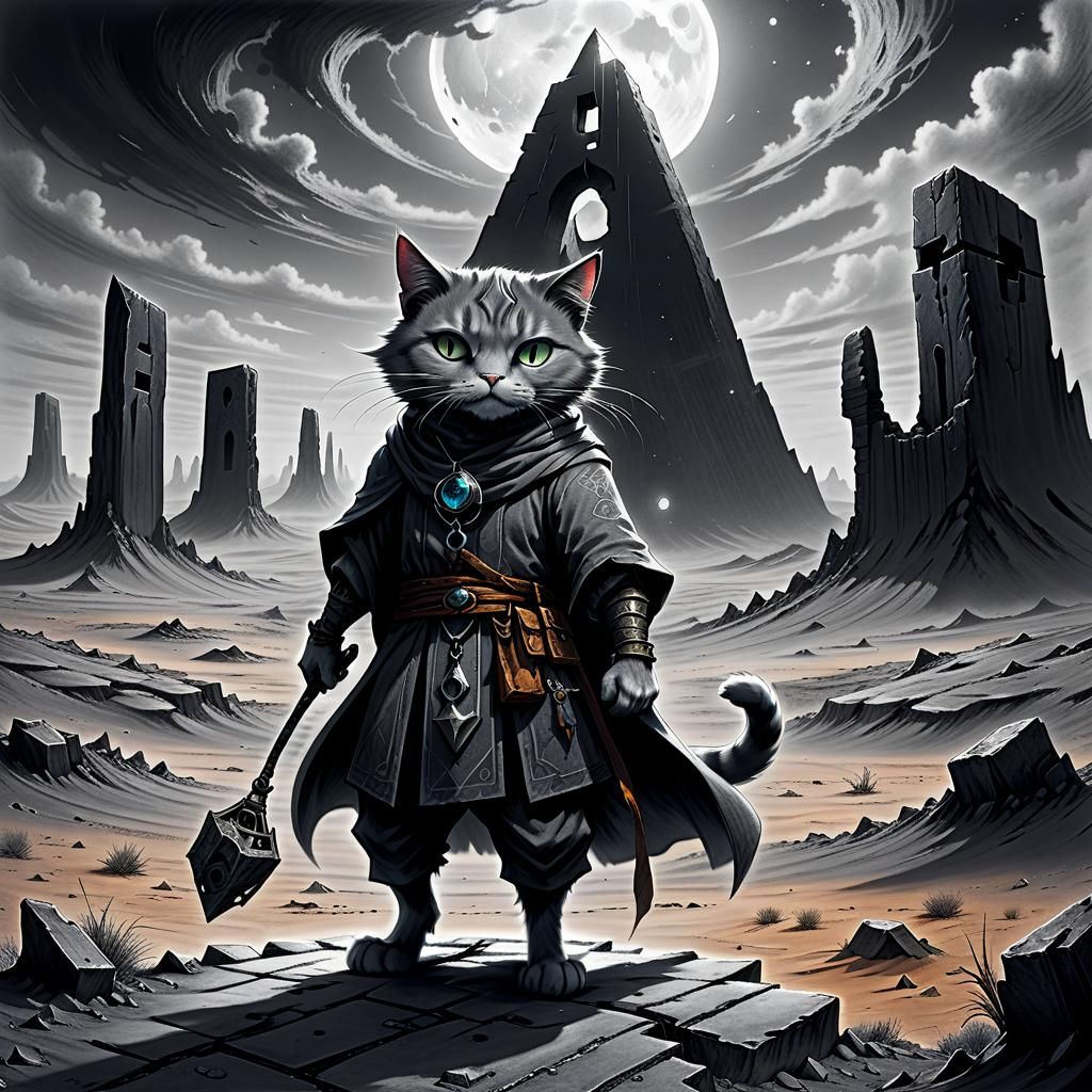 Anthropomorphic Sorcerer Cat's Fantasy Wasteland Journey