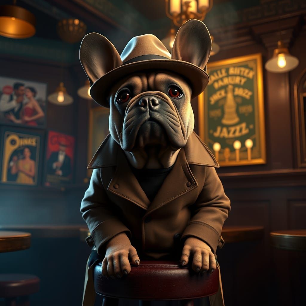 Anthropomorphic French Bulldog in 1920s Speakeasy