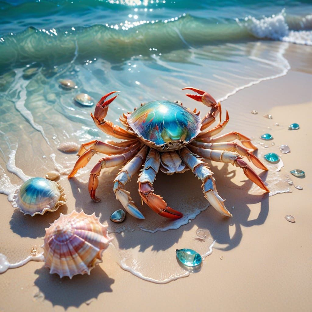 Crab Crawling Over Shells on Tropical Beach