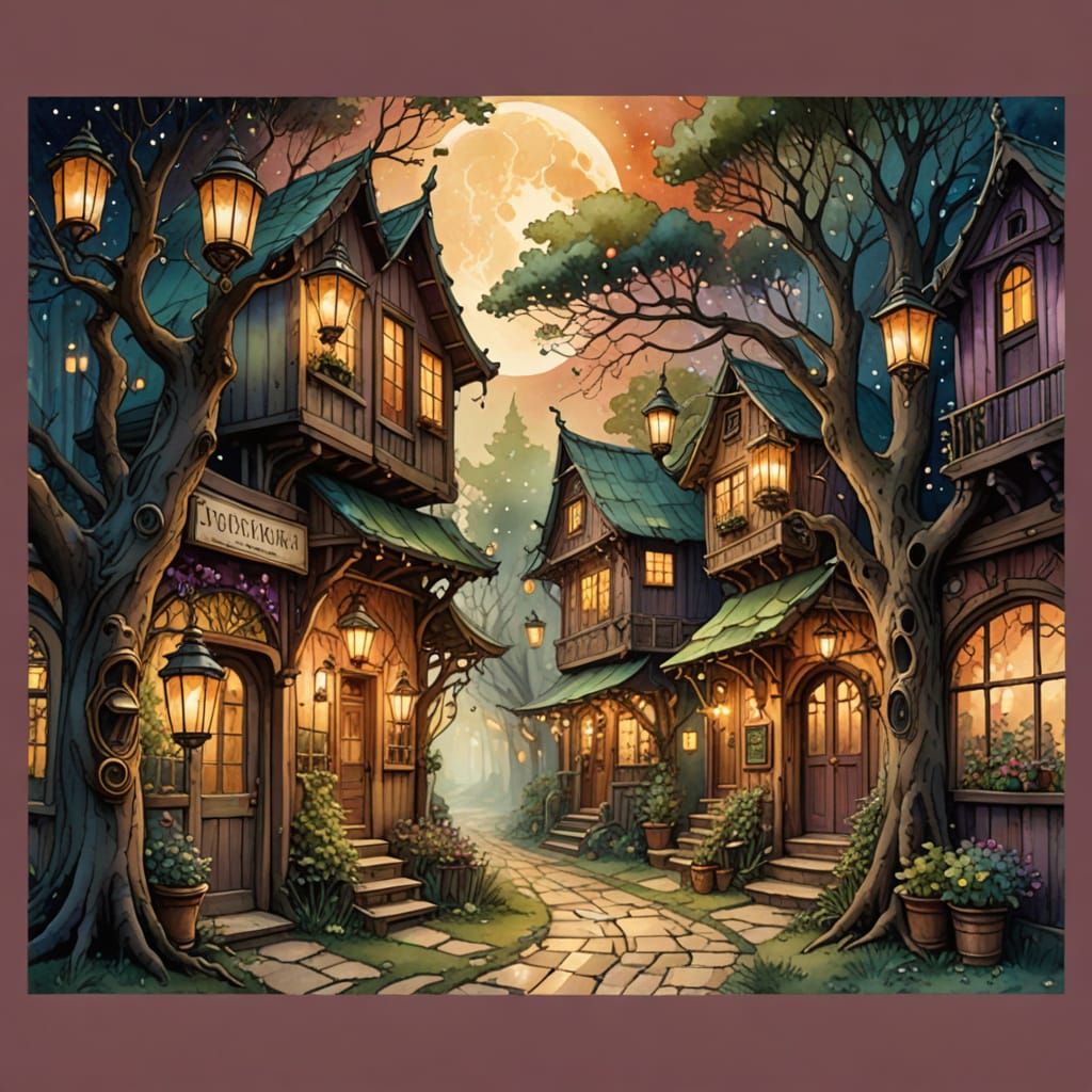 Whimsical Magical Street Scene in Muted Colors