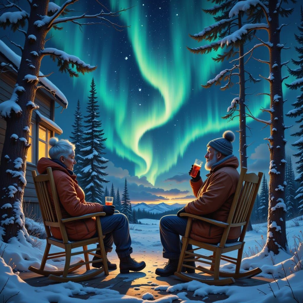 Elderly Couple Admiring Northern Lights in Rockwell Style