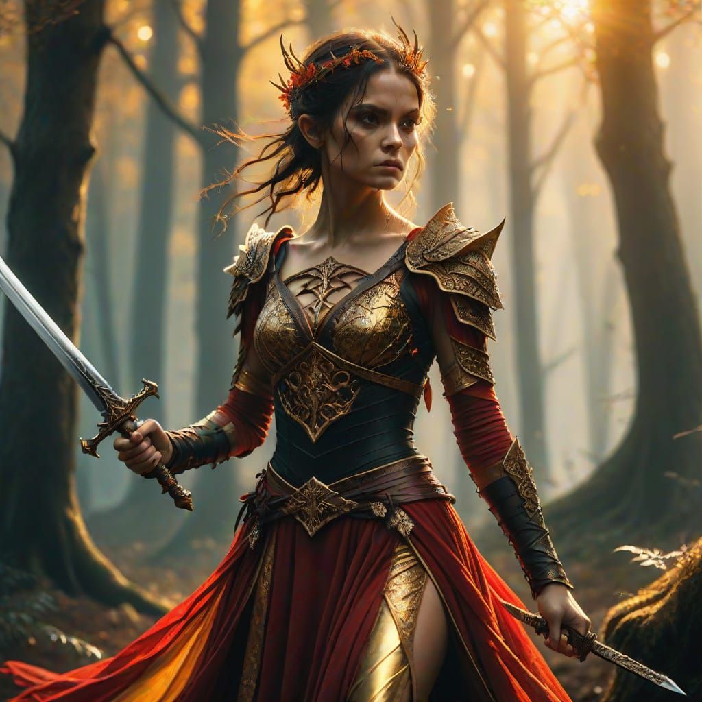 Dark Fae Female in Majestic Red and Golden Hues