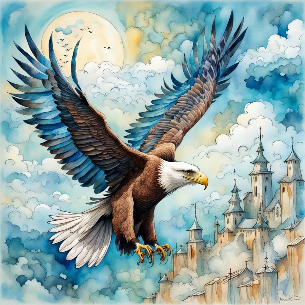 Soaring Eagle in Vivid Blue Sky: Watercolor Art
