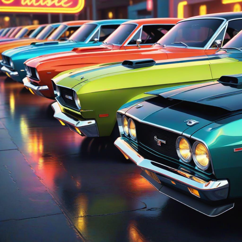 Vintage Muscle Cars at Vibrant Neon Car Show