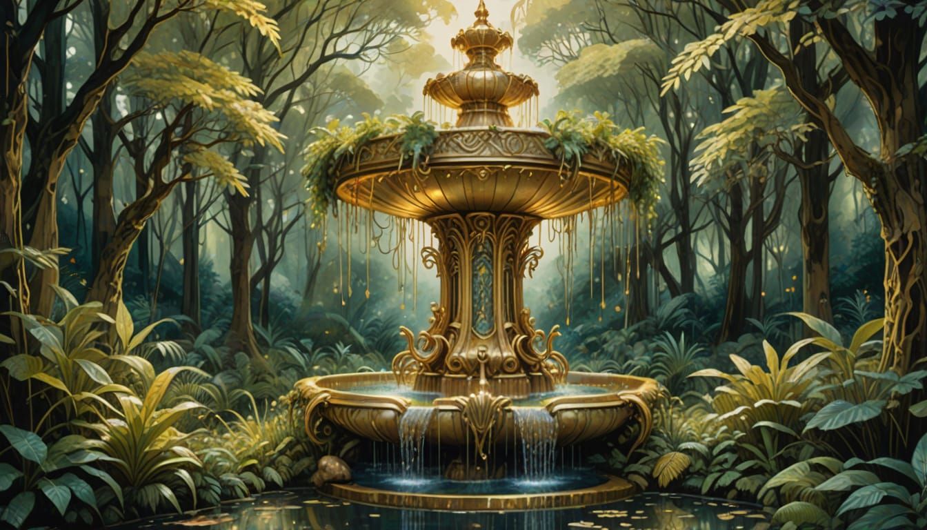 Golden Fountain in Fantastical Forest, Watercolour Art