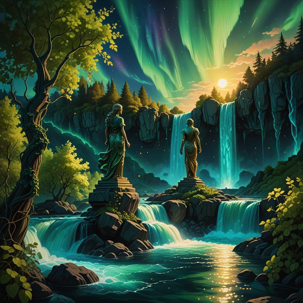 Aurora Borealis Over Atlantis: Surreal Oil Painting