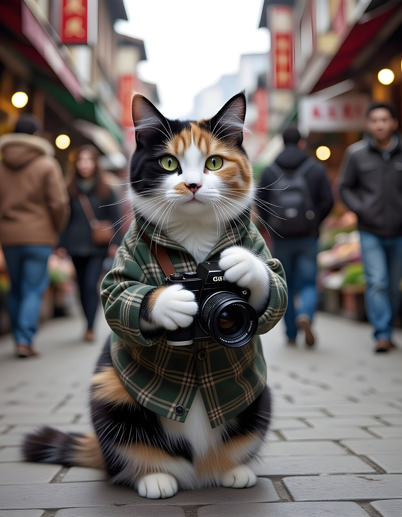 Calico Cat Photographer in Bustling Market