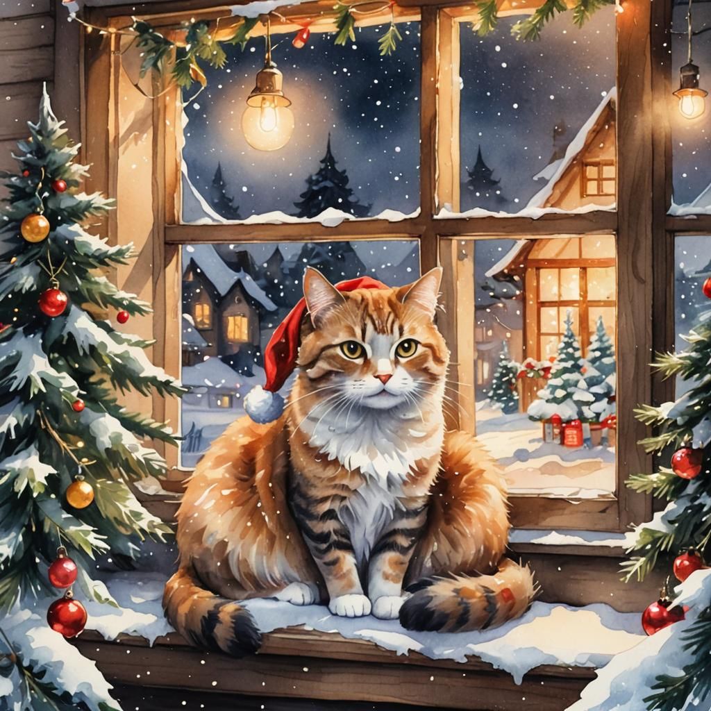 Festive Cat in Snowy Winter Wonderland Watercolor