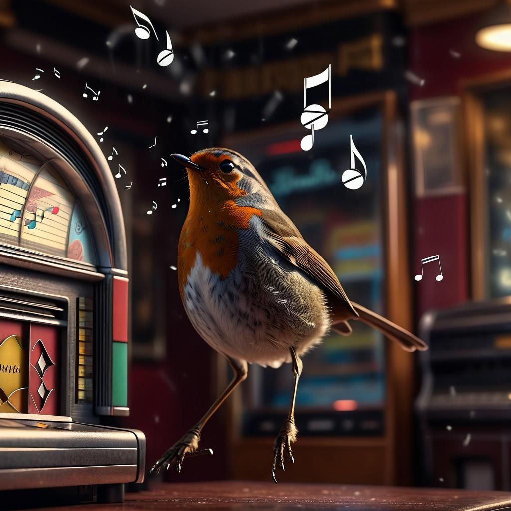 Hyperrealistic Robin Dances by Jukebox with Music Notes