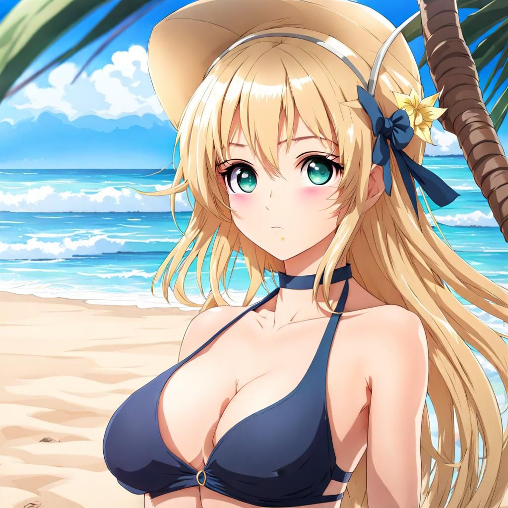 Anime Girl with Blonde Hair at the Beach