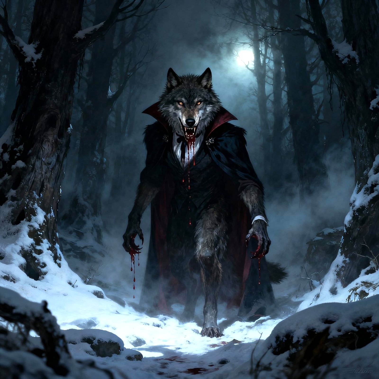 Scary Vampire Wolf in Snowy Forest
