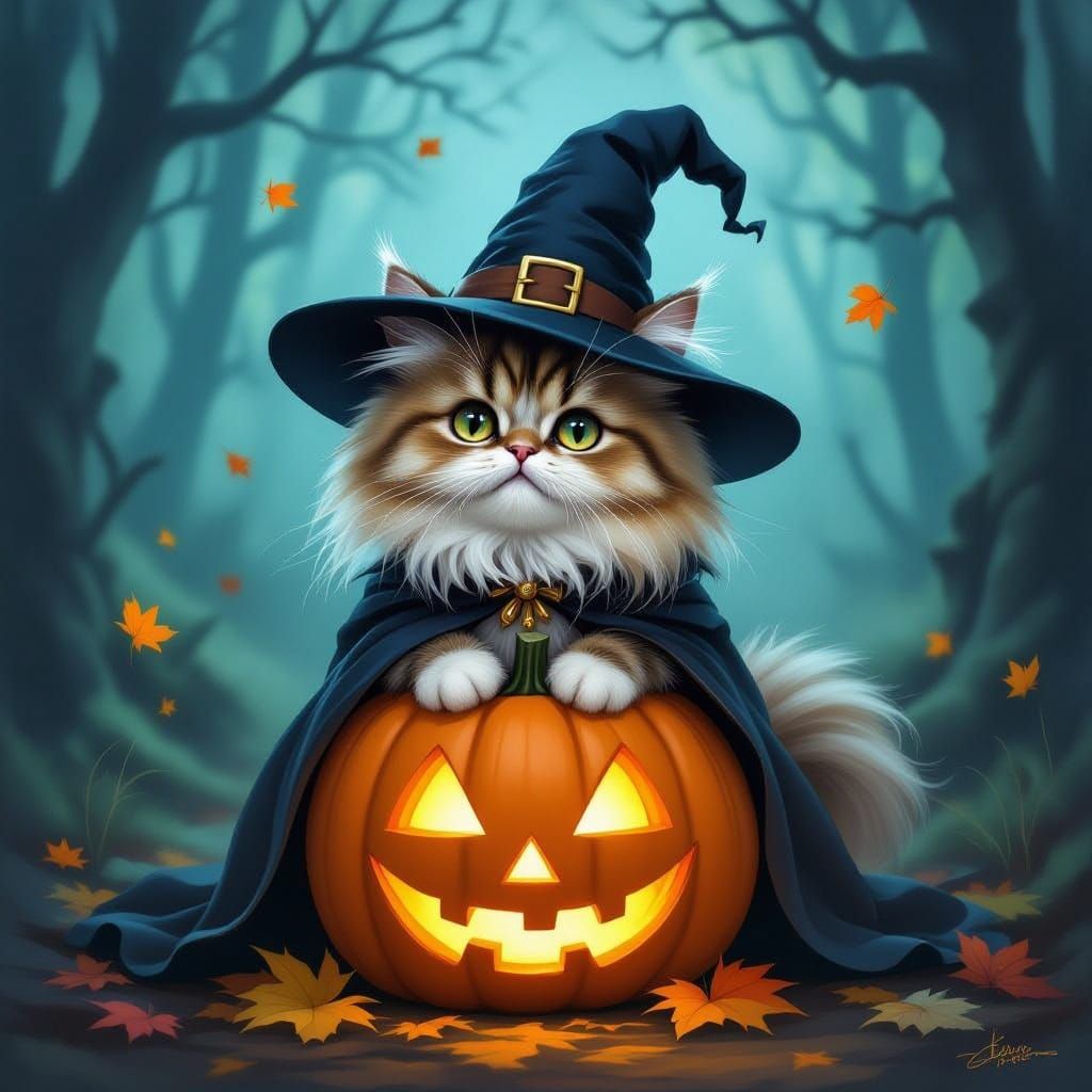 Mischievous Witch Cat on Glowing Jack-o'-lantern