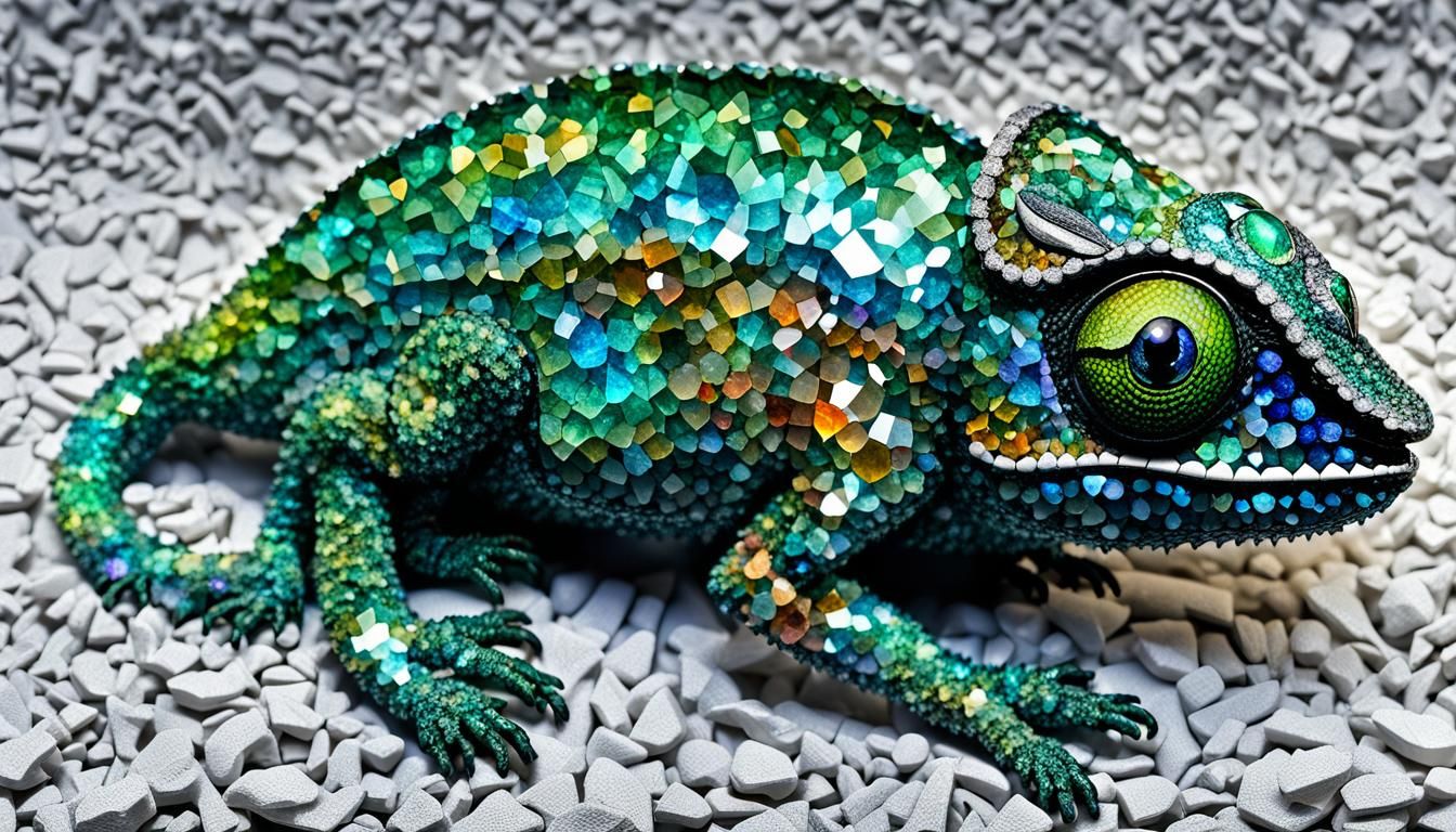 Crystal Chameleon Camouflaged in Gemstone Environment