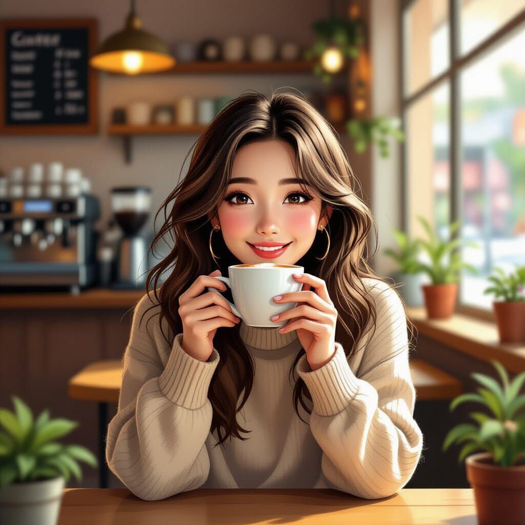 Woman in Coffee Shop with Latte, Digital Painting Style