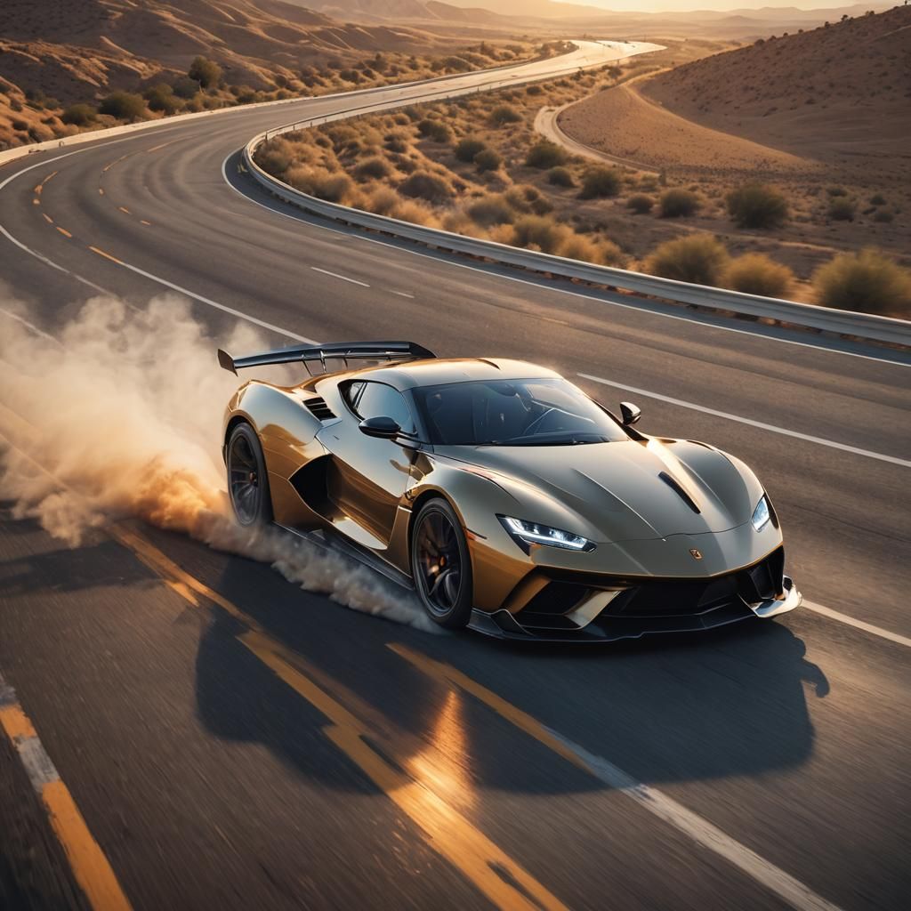 Supercar Speeding Down Highway in Hyperrealistic Style