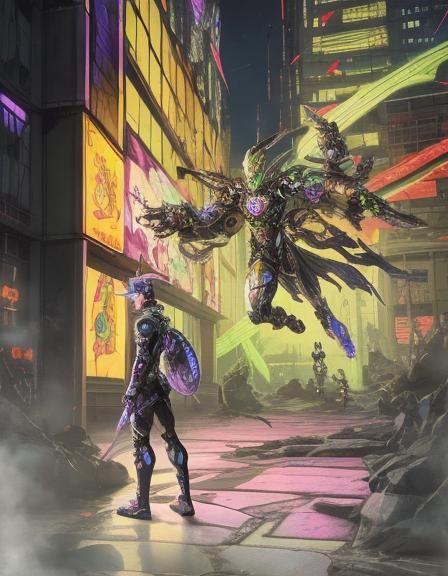 Cyberpunk Elf Cyborg Alchemist in Chaotic Night