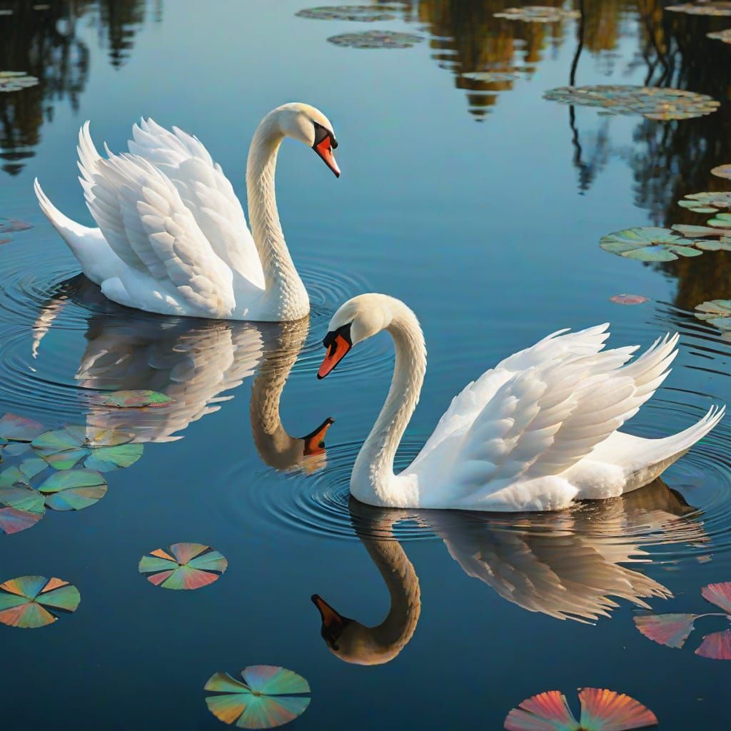 Art Nouveau Swans with Iridescent Feathers