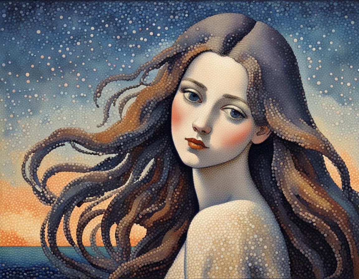 Pointillist Woman with Flowing Hair in Dark Colors