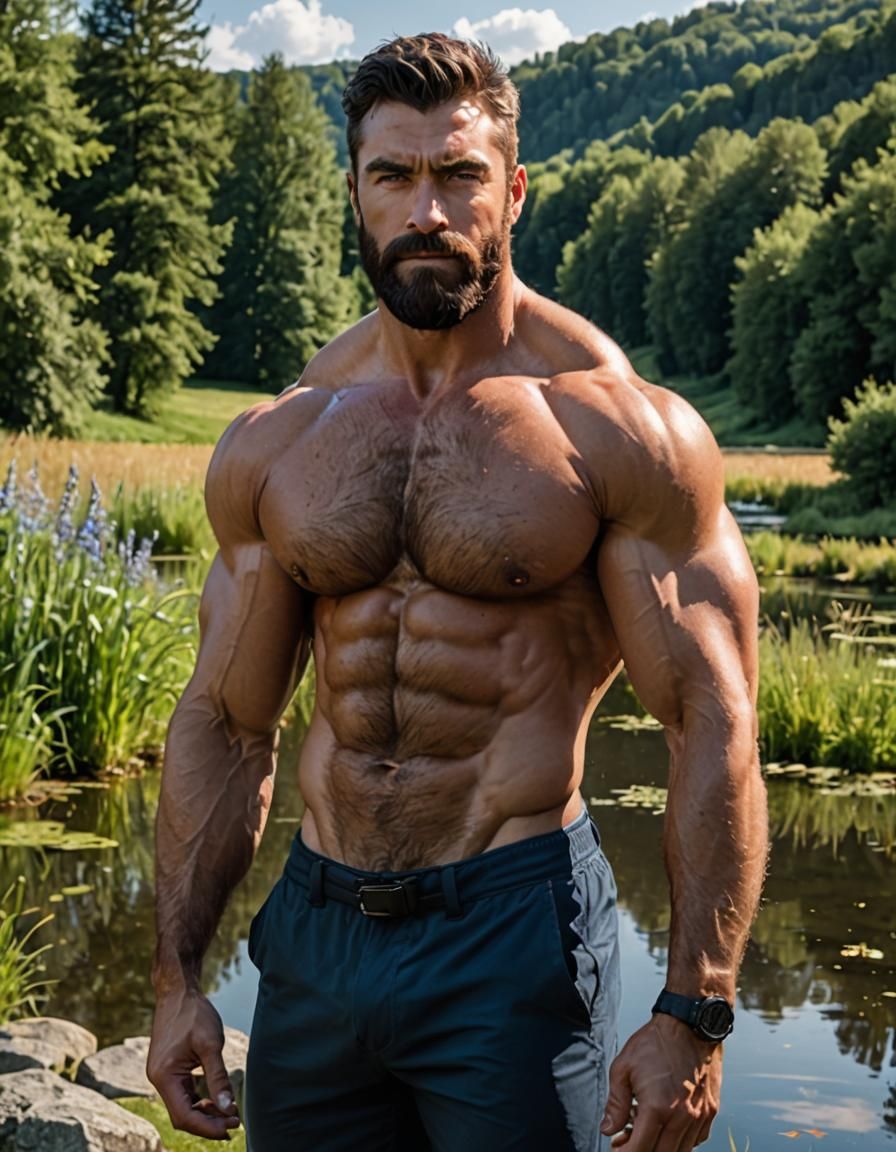 Muscular Man with Blue Eyes in Countryside Setting