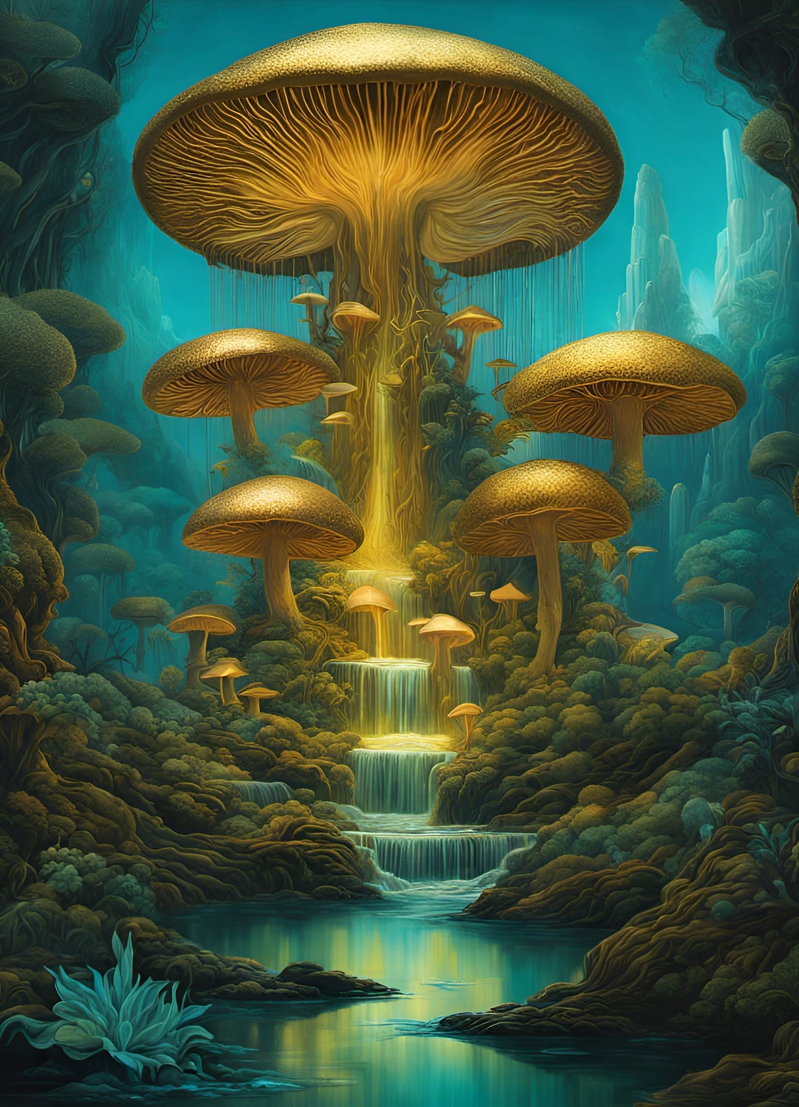 Bioluminescent Mushrooms in a Silver Waterfall Mountain
