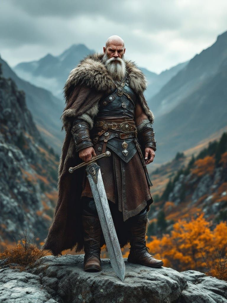 Viking King Portrait on Rocky Cliff with Sword