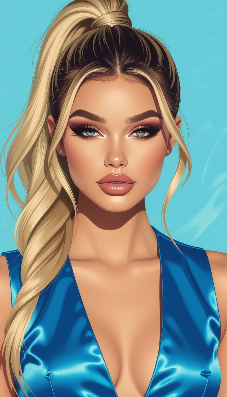 Blonde Woman with Black Highlights in Blue Satin Vest