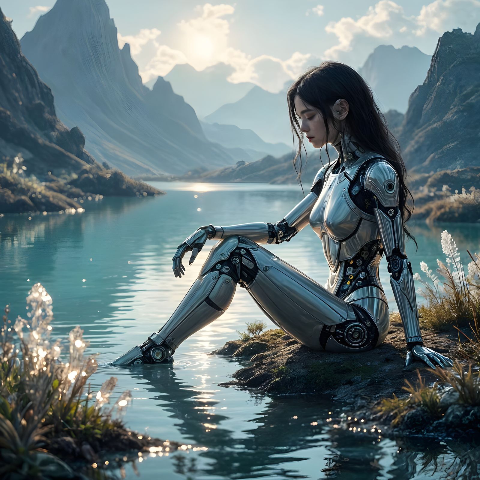 Cyborg Woman by Glowing Lake in Alien Landscape