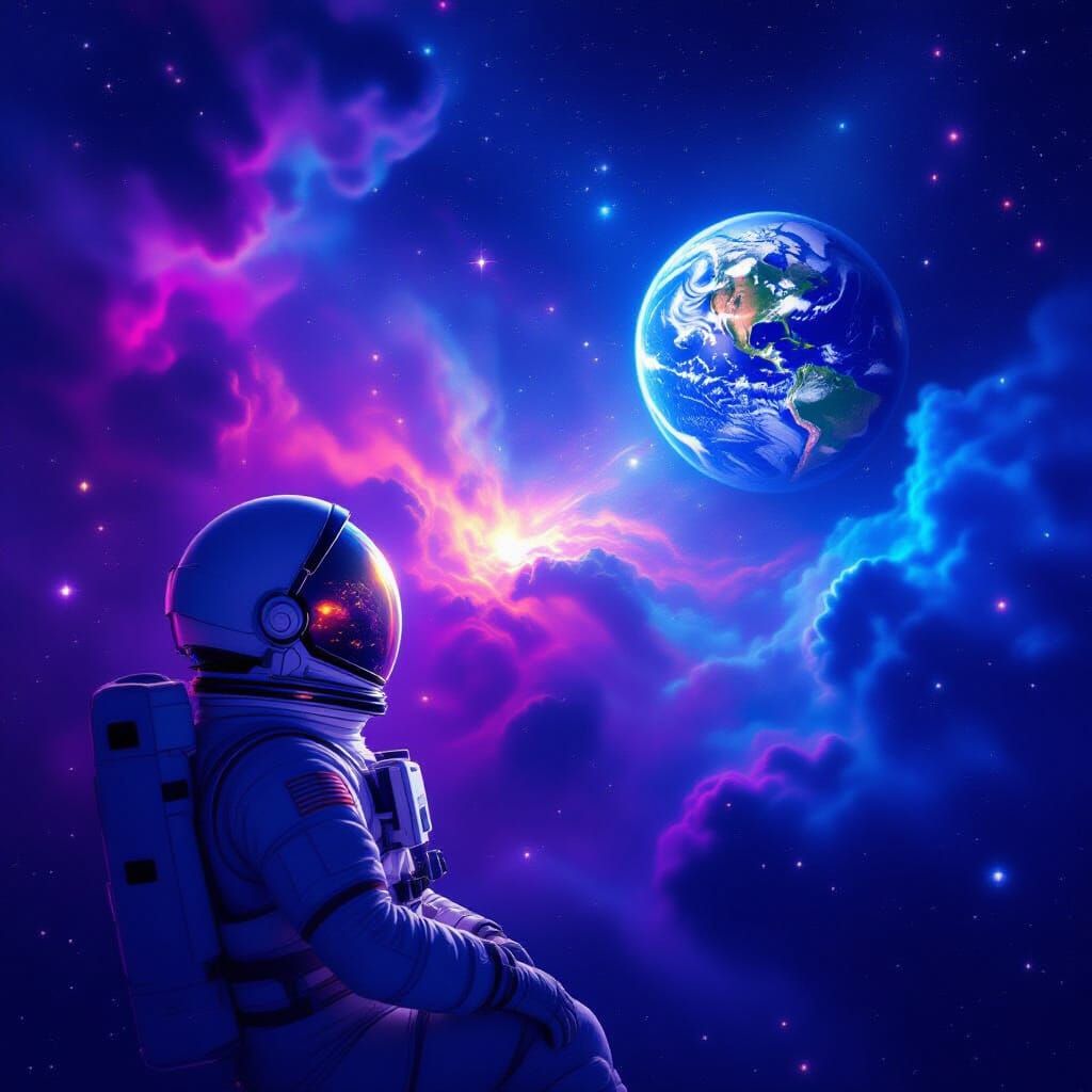 Astronaut Adrift in Nebula Gazing at Earth