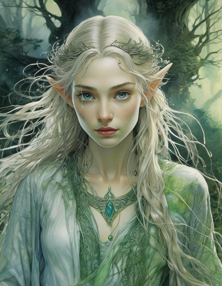 Galadriel Portrait with Cauldron in Alcohol Ink Style