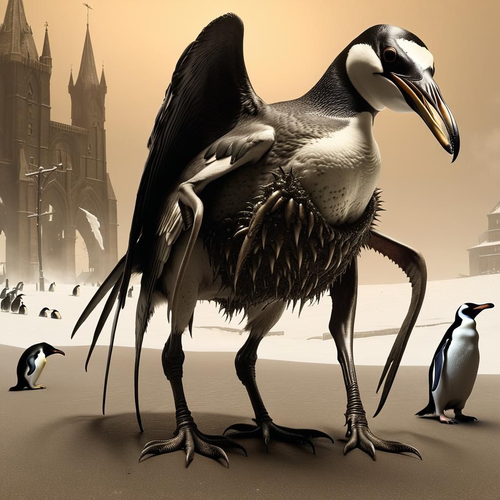 Grotesque Daemon and Penguin in Sepia Horror