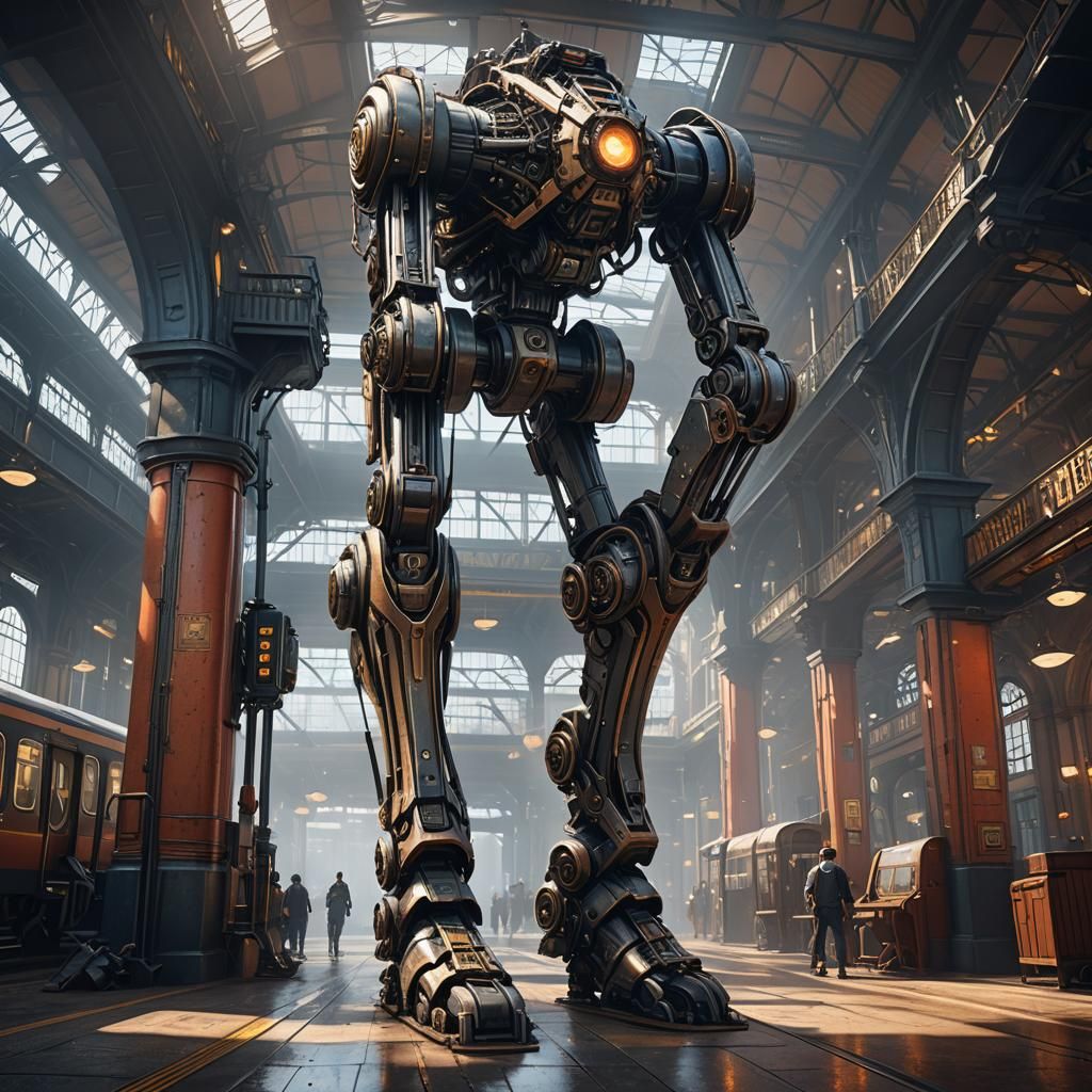 Giant Mechanical Leg in Train Station: Detailed Matte Painti...
