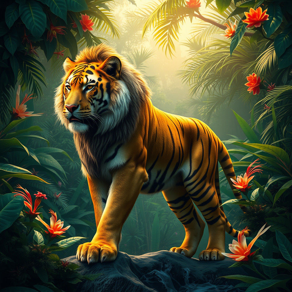 Lion-Tiger Hybrid in Amazon Jungle, Matte Painting Style