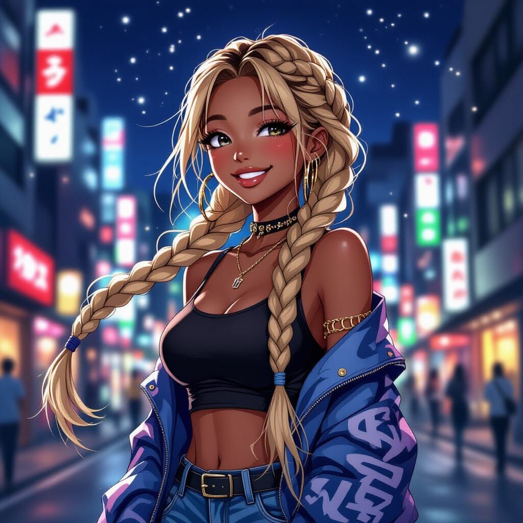 Anime Gyaru in Japanese City at Night