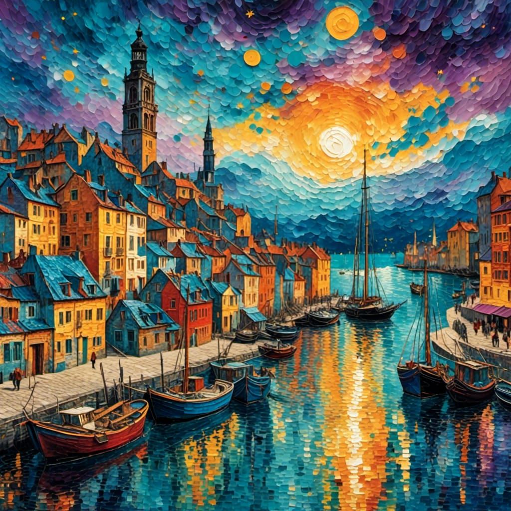 Futuristic Harbour at Sunset in Impasto Style